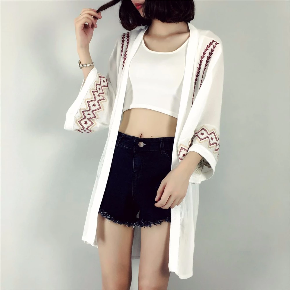 Cheshanf Embroidery Summer Cardigan Black White Kimono Cardigan Women Beach Loose Cardigan Hot Sale